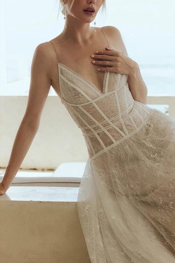 A Line Soft Lace Wedding Dresses V-Neck Unique Boho Bridal Gowns ZW891