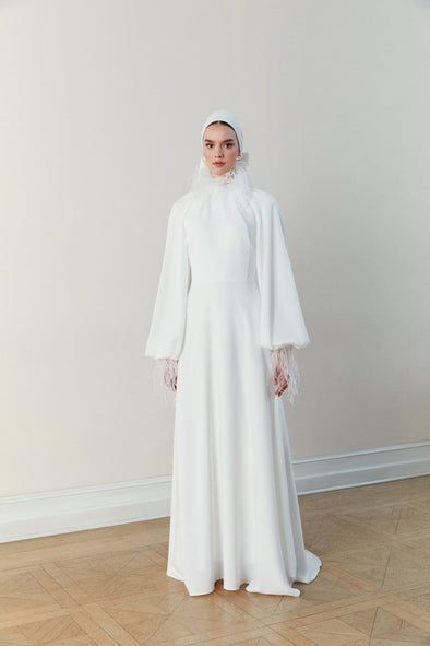 Muslim Wedding Dresses Arabic Long Sleeves With Feathers