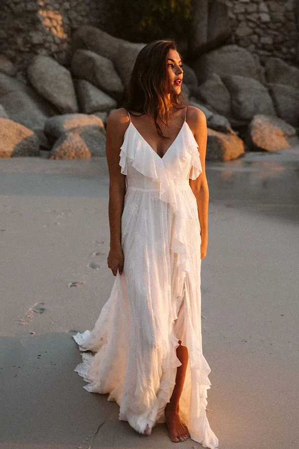 Sexy Split Beach Wedding Dresses Backless Ruffles Roamtic Bridal Gowns TANYA BRIDAL Sexy Split Beach Wedding Dresses Backless Ruffles Roamtic Bridal Gowns TANYA BRIDAL