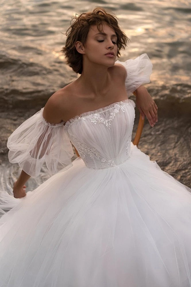 A Line Tulle High Low Beach Wedding Dress With Detachable Sleeves TANYA BRIDAL A Line Tulle High Low Beach Wedding Dress With Detachable Sleeves TANYA BRIDAL