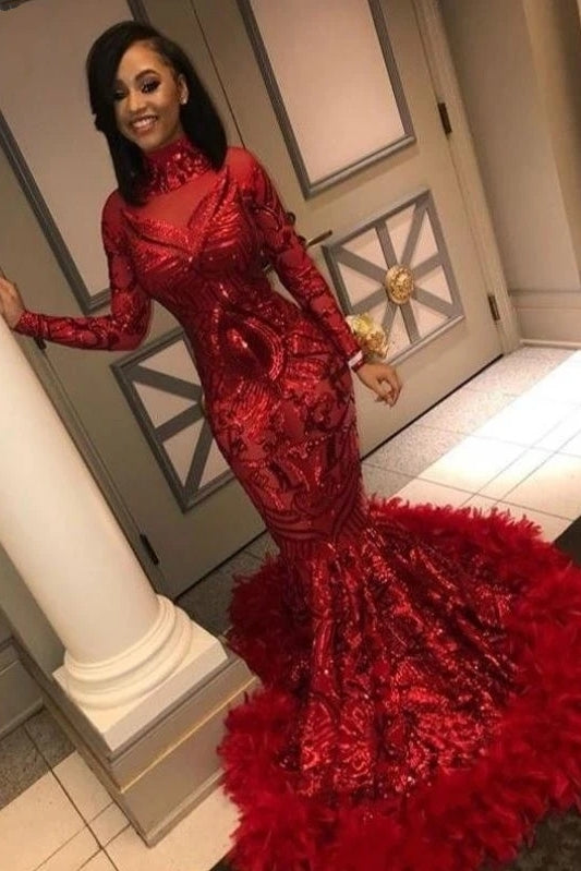 Red Mermaid African Prom Dress Feather Long Sleeve