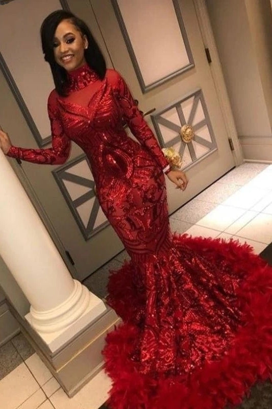 Red Mermaid African Prom Dress Feather Long Sleeve – TANYA BRIDAL