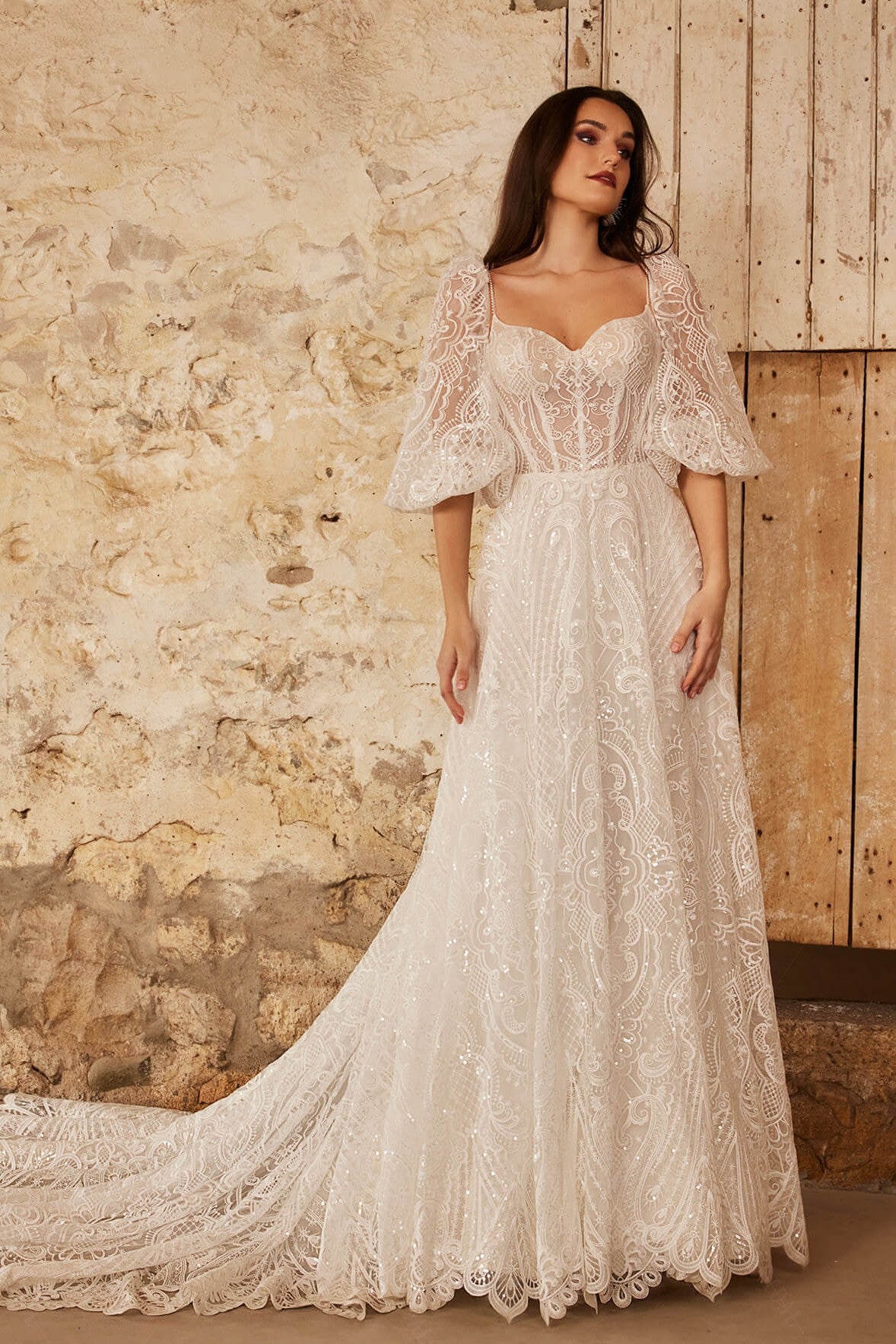 A Line Wedding Dresses With Dtachable Puff Sleeves DW685 TANYA BRIDAL A Line Wedding Dresses With Dtachable Puff Sleeves DW685 TANYA BRIDAL