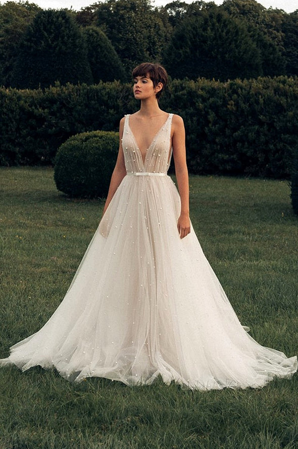 Bohemian Pearls Tulle Wedding Dresses Deep V