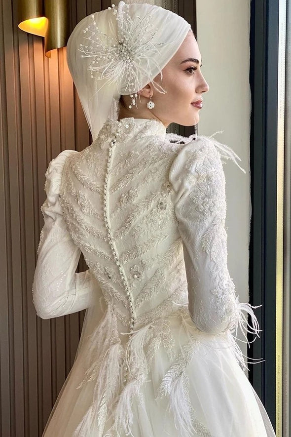 Muslim High Neck Feathers Dubai Wedding Dresses