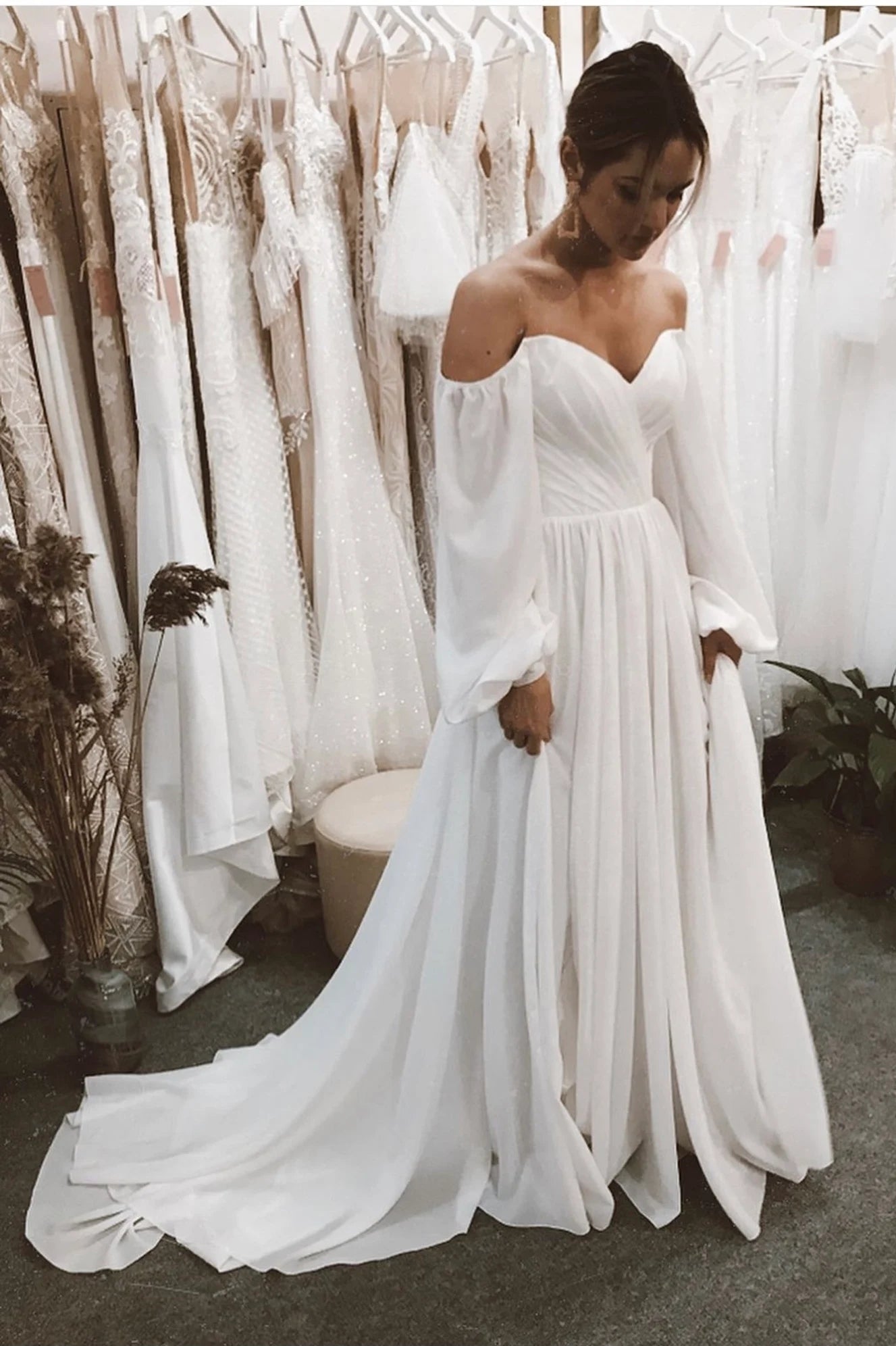 Off The Shoulder Long Sleeves Wedding Dresses Chiffon Bohemian A Line – TANYA BRIDAL Off The Shoulder Long Sleeves Wedding Dresses Chiffon Bohemian A Line – TANYA BRIDAL