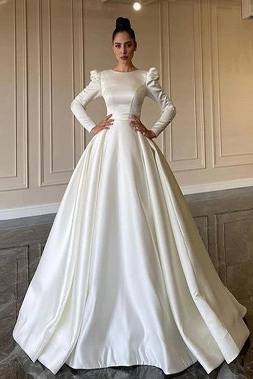 Simple Satin Long Sleeves Wedding Dresses