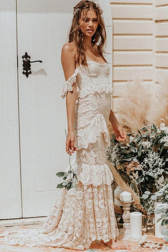 Bohemian Off The Shoulder Floor Length Floral Lace Chic Elegant Wedding Dresses