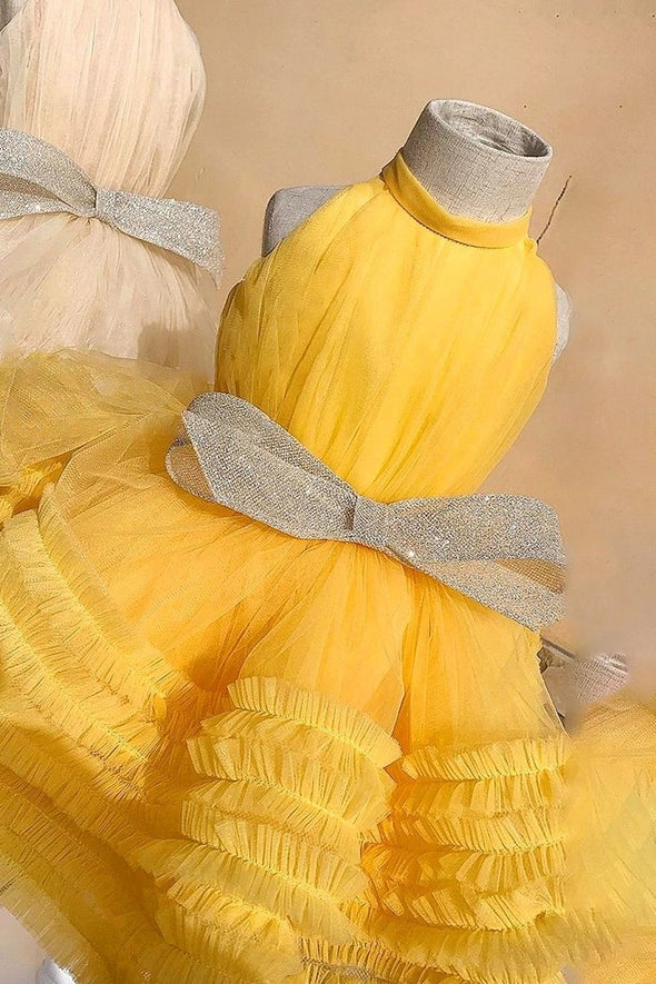 Yellow Baby Bow Puffy Flower Girl Dresses