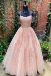 A Line Lace Appliques Champagne Prom Dresses Long