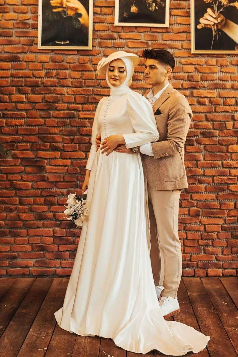 Modest A Line Puffy Shoulder Full Sleeve Arabic Muslim Wedding Dress – TANYA BRIDAL Modest A Line Puffy Shoulder Full Sleeve Arabic Muslim Wedding Dress – TANYA BRIDAL
