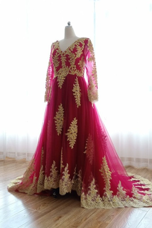 Green Muslim Wedding Dress With Gold Lace Applique DQG038