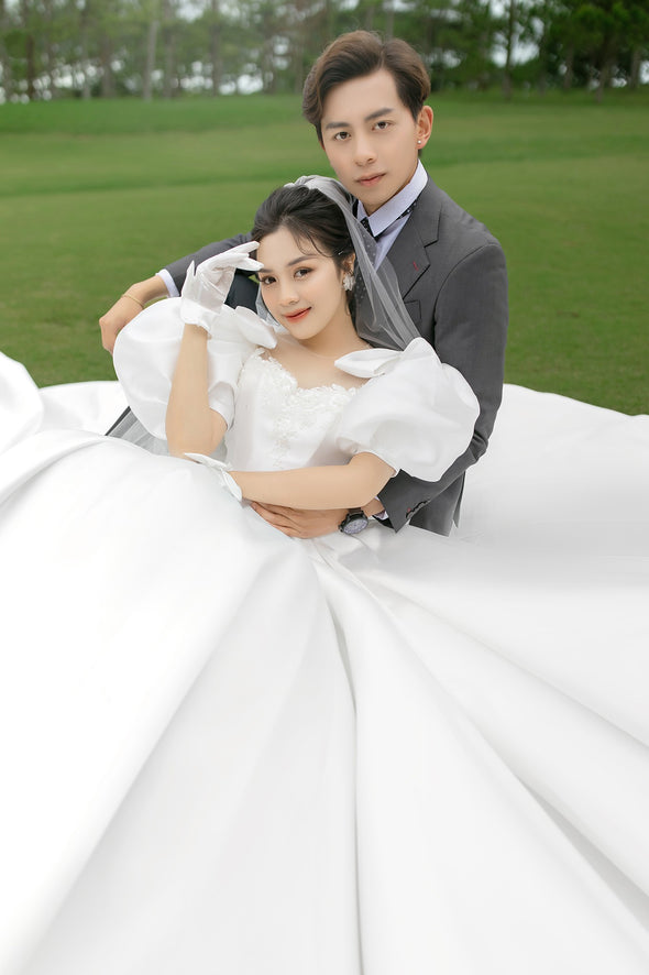 Chapel Train Satin Long Wedding Dresses Puffy Sleeves Ball Gown