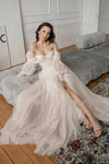 A Line Tulle Sweetheart Bohemian Puffy Sleeves Wedding Bridal Gown