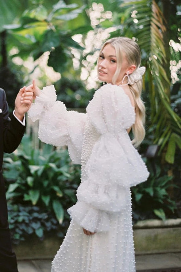 Luxury Wedding Dresses Pearl Beaded Soft Tulle Voluminous Sleeves