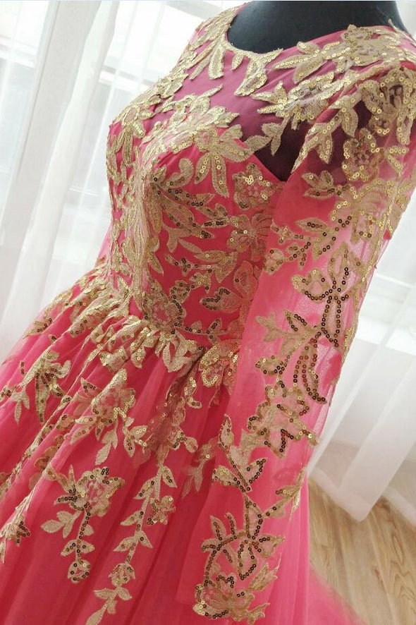 Hot Pink Long Muslim Wedding Dress With Gold Sequins Applique
