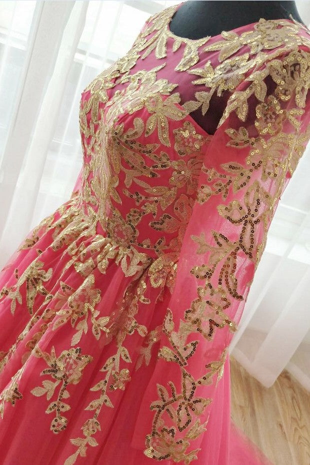 Hot Pink Long Muslim Wedding Dress With Gold Sequins Applique - Hot Pink Long Muslim Wedding Dress With Gold Sequins Applique -