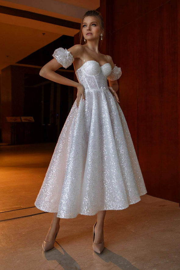 knee length wedding dresses Reception Dresses,Outdoor Wedding Dress with Sleeves,WD00364, US24W / Ivory This knee length wedding dress can be custom made with no extra cost Modern Sweet Off Shoulders Spaghetti