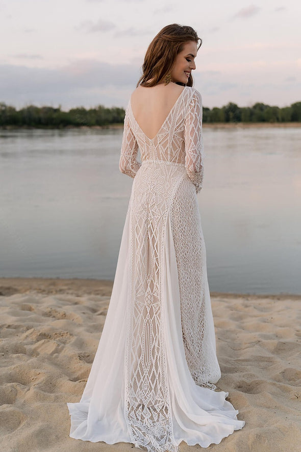 Long Sleeve Unique Lace A Line Wedding Dresses Chic DW699