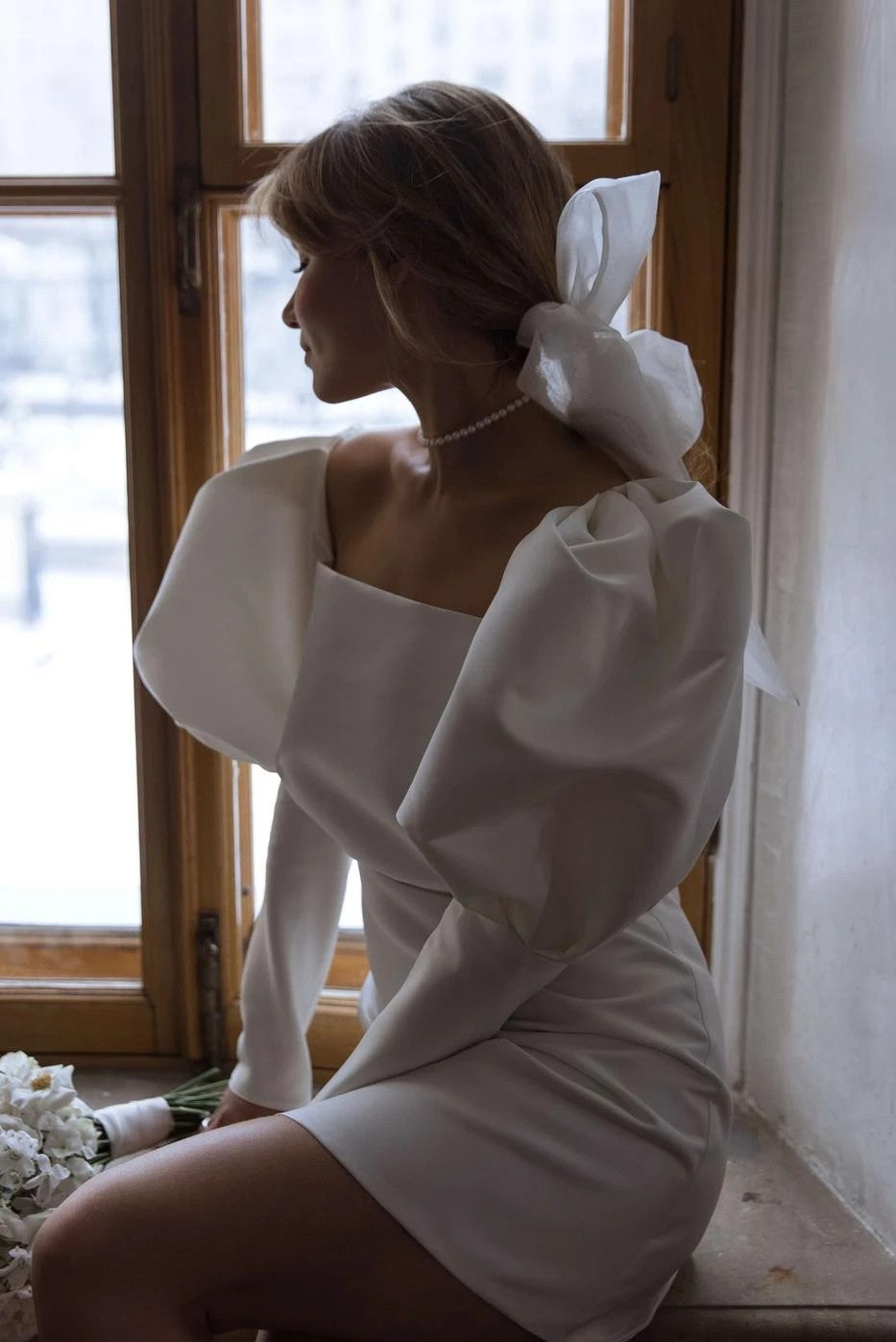 puff sleeve mini wedding dress Detachable Balloon Sleeve 3D Effect Floral Top Mini Bridal Dress with Removable Pleated Skirt Off White / Lace