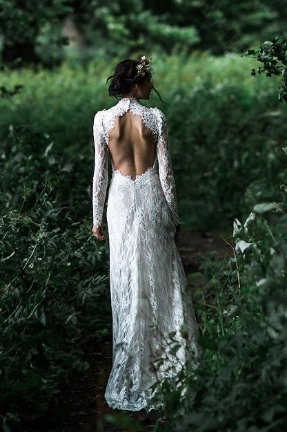 High Neck Lace Wedding Dresses Long Sleeve Champagne Lining ZW934 TANYA BRIDAL High Neck Lace Wedding Dresses Long Sleeve Champagne Lining ZW934 TANYA BRIDAL