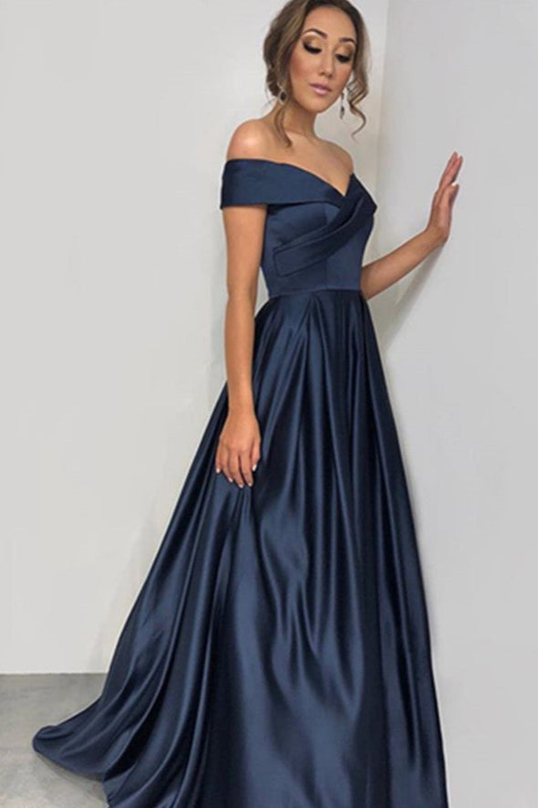 Off Shoulder A Line Prom Dresses Satin Evening Pageant Gowns