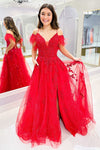 Red Prom Dresses Lace Appliques With Feather Strap Sleeves