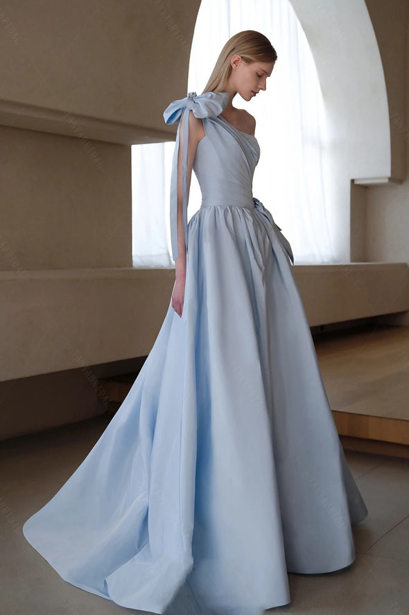 Sky Blue Taffeta Wedding Dresses One Shoulder With Bow ZW836