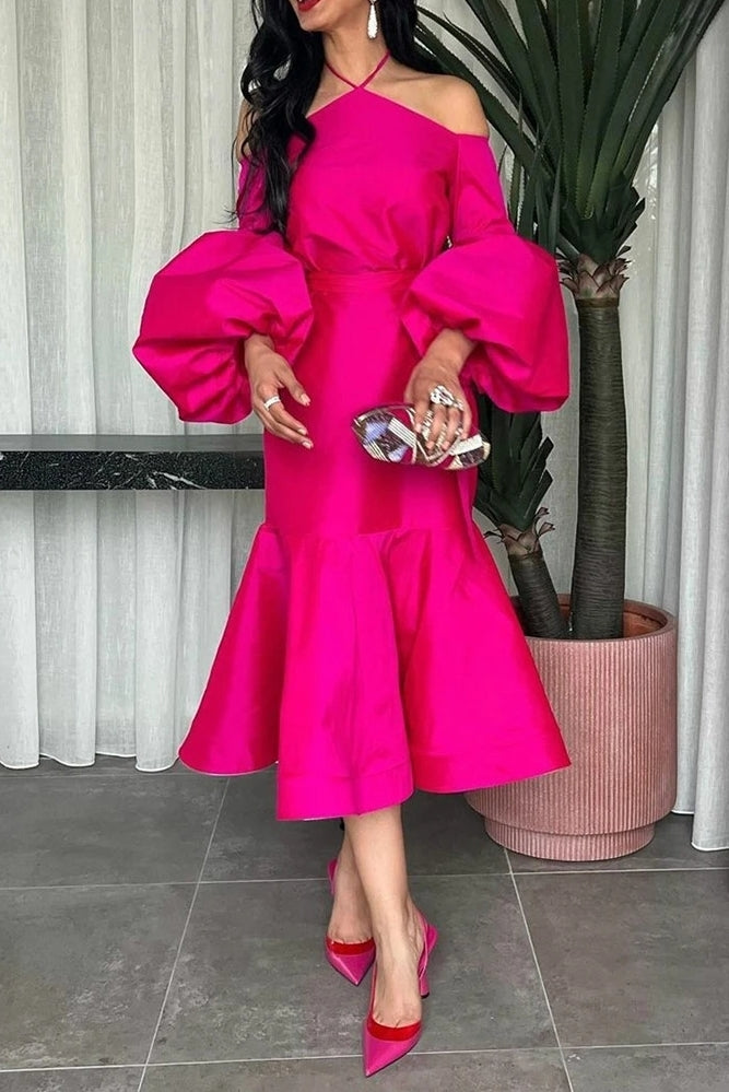 Hot Pink Mermaid Puffy Sleeve Satin Evening Dresses TANYA BRIDAL Hot Pink Mermaid Puffy Sleeve Satin Evening Dresses TANYA BRIDAL