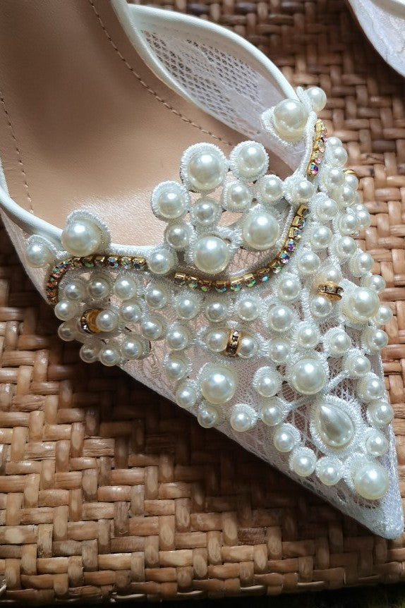 Lace Pearls Elegant Wedding Bride Shoes High Heel