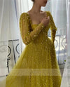 Sweetheart Neckline Hang Up Long Sleeves Yellow Prom Dress with Pocket See Through Pearls Evening Dress