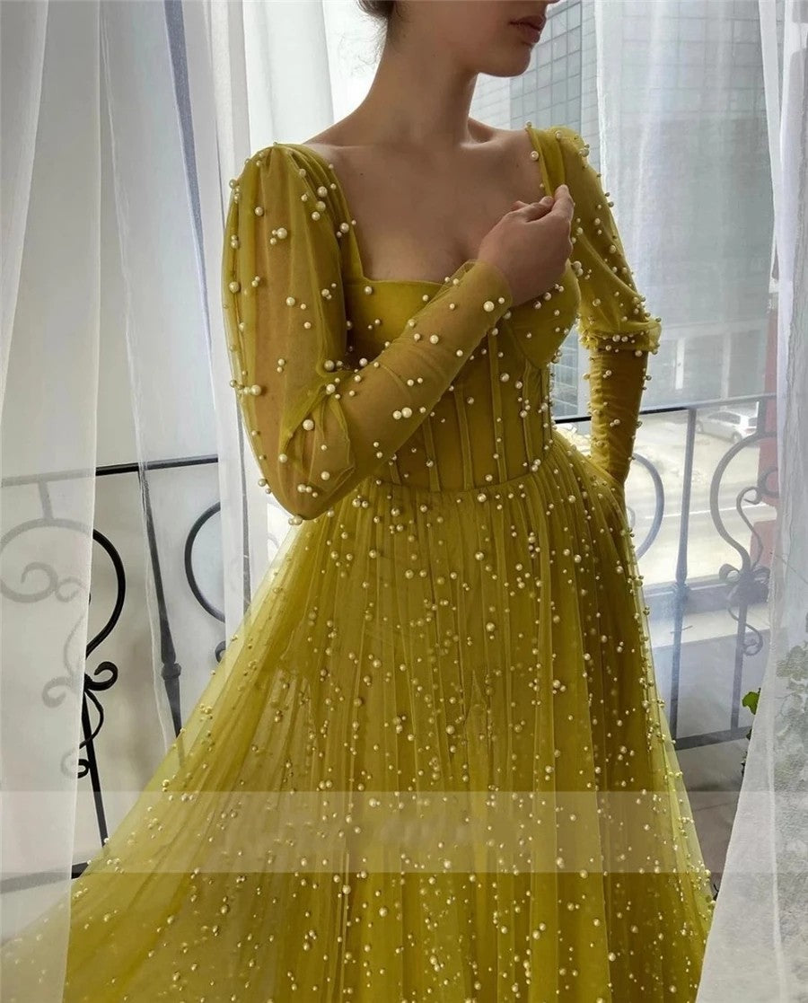 Sweetheart Neckline Hang Up Long Sleeves Yellow Prom Dress with Pocket TANYA BRIDAL Sweetheart Neckline Hang Up Long Sleeves Yellow Prom Dress with Pocket TANYA BRIDAL