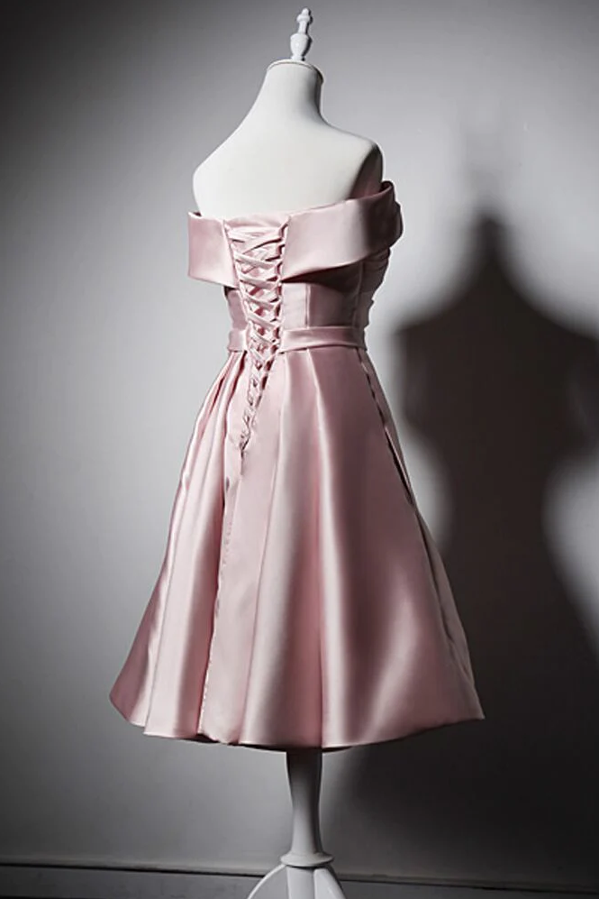 pink pearl homecoming dress Pearl Pink Off Shoulder Knee Length Party/Homecoming Dress with Ruffle PD044 Custom Size / As Picture