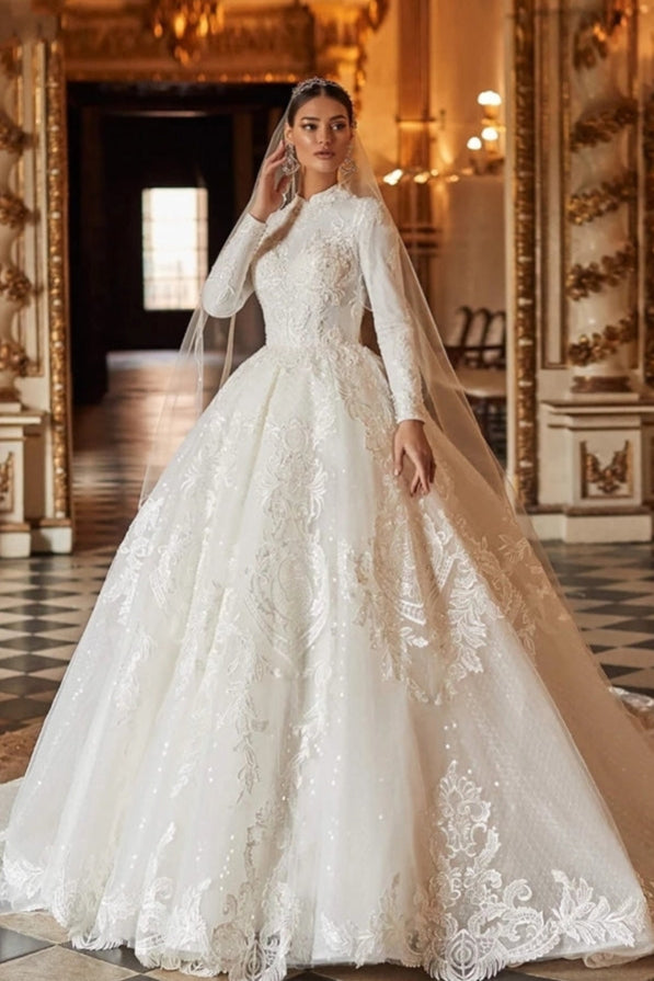 muslim long sleeved lace dress Long Sleeve Round Neck Ball Gown Muslim Wedding Dress, Lace & Beaded Detailing, Back Zipper, Modest Bridal Gown for Muslim Bride BA-MU569 (US, Numeric, 2, Regular, Regular, Ivory) at Amazon Women's Clothing