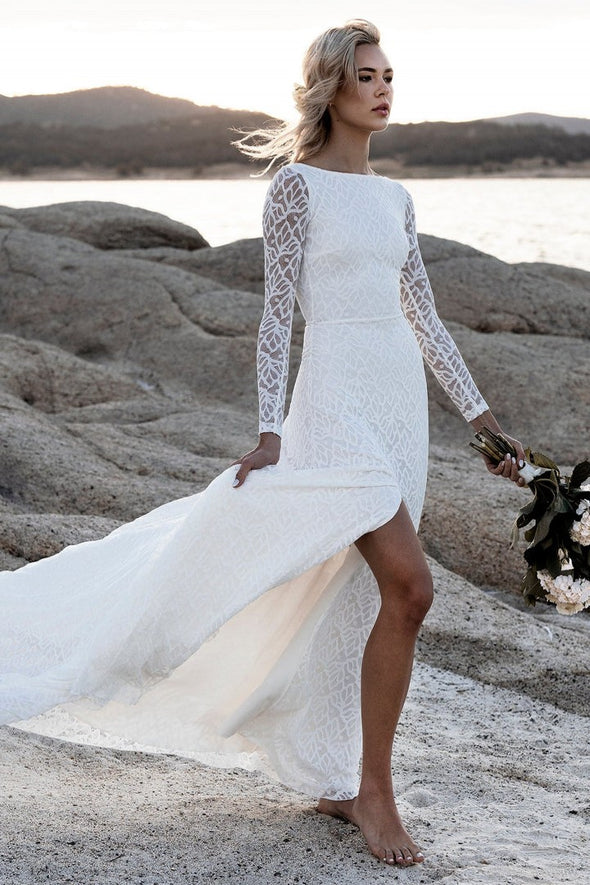 Backless Lace Bohemian Long Sleeves Split Wedding Dresses