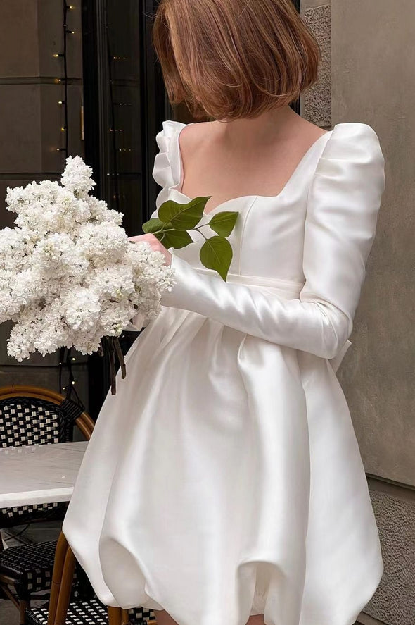 Short Cutie Satin Wedding Gown Full Sleeves Buttons Back With Bow TT590