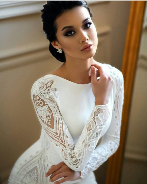 Modest Mermaid Wedding Dresses Lace Appliqued