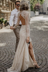 Vintage High Neck Lace Long Sleeve Wedding Dress Detachable Train