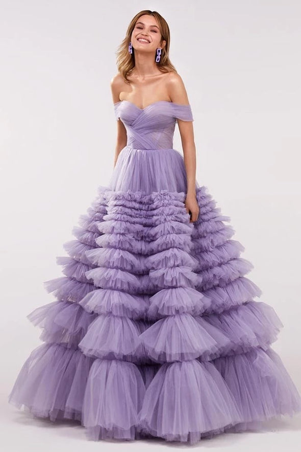 Lavender Tiered Prom Dresses Sweetheart Off the Shoulder