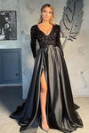 A Line V Neck Long Sleeves Women Evening Dress With Pockets