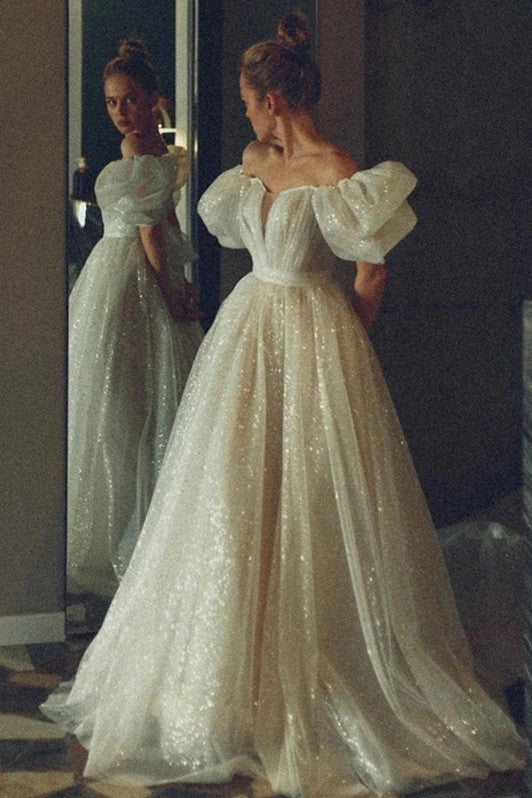 Shiny Glitter Wedding Dresses with Puff Short Sleeves - Shiny Glitter Wedding Dresses with Puff Short Sleeves -