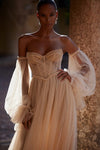 Chaampagne Wedding Dresses Layers Tulle With Detachable Sleeves ZW942