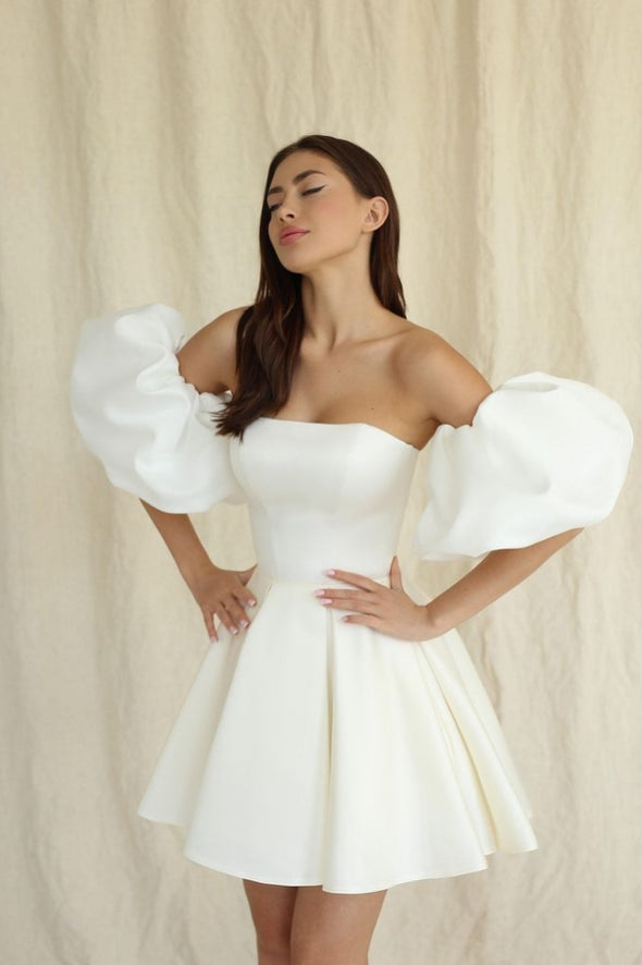 Short Puffy Sleeves Lace Up Back Satin Mini Wedding Gown