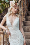 Mermaid V Neck Sleeveless Leaf Lace Wedding Dress SPF076