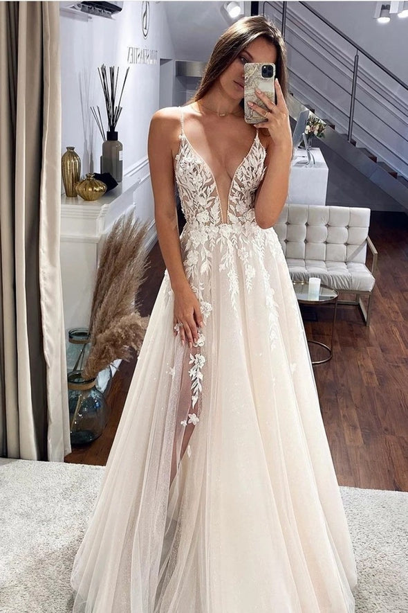 A Line V Neck Light Champagne Appliques Modest Wedding Dresses