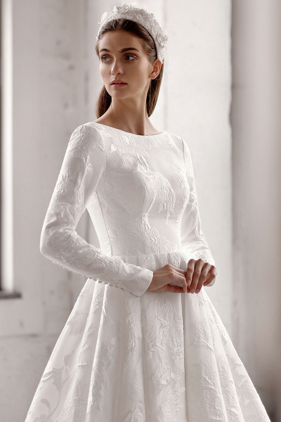 Vintage Jacquard Satin A Line Royal Wedding Bridal Gown Long Sleeves TANYA BRIDAL Vintage Jacquard Satin A Line Royal Wedding Bridal Gown Long Sleeves TANYA BRIDAL
