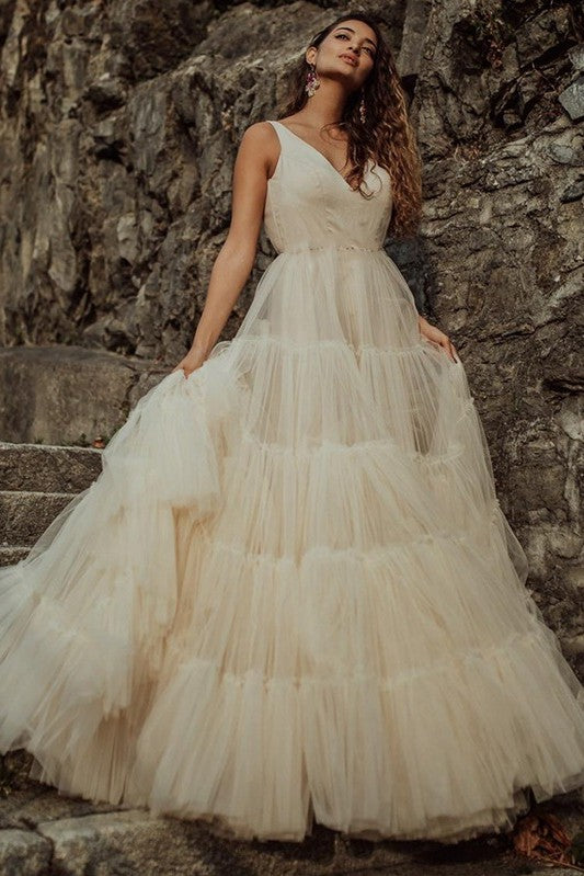 Tiered Cake Tulle Wedding Dress Bohemian A Line Long Bride Gown SPF079