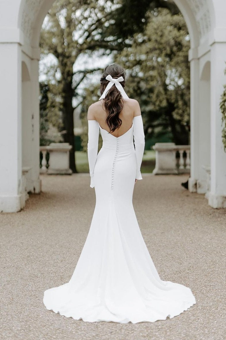 Ivory Simple Wedding Dress With Train Chiffon Jewel Neck Long Sleeves —  Bridelily