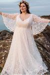 Plus Size V Neck Flare Sleeves Bohemian Lace Wedding Dress