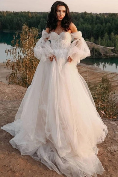 Puff Detachable Long Sleeve Tulle Bohemian Wedding Dress